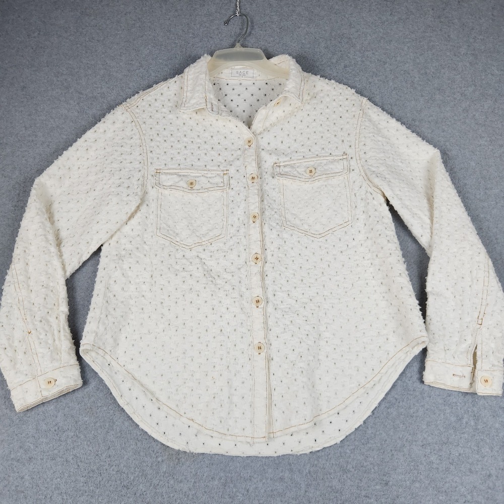 Sage The Label Shirt Womens Small White Textured Tufted Chest Pockets Button Up